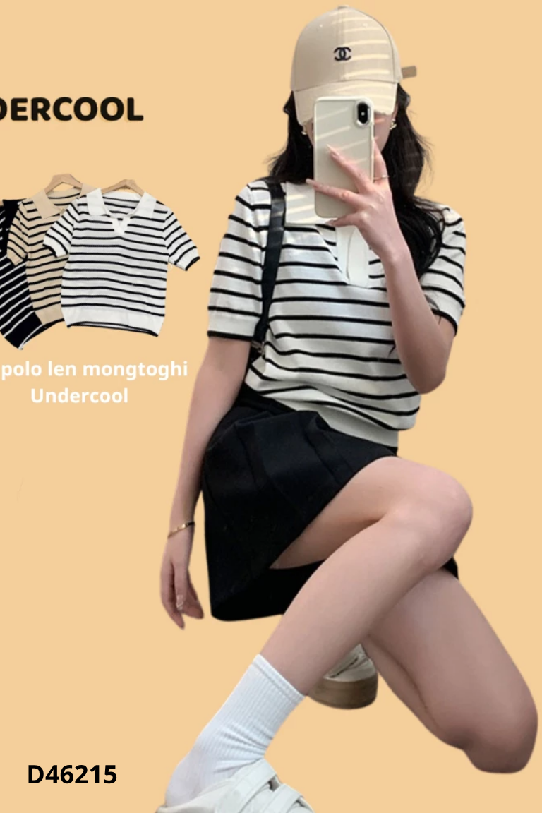 Áo len be kẻ đen cộc tay