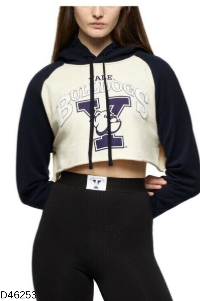 Áo hoodie kem mix xanh dáng ngắn
