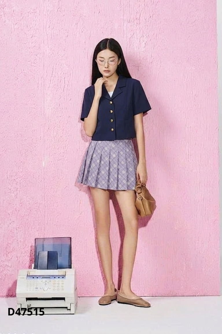 Set Áo blazers xanh ngắn + Chân váy kẻ