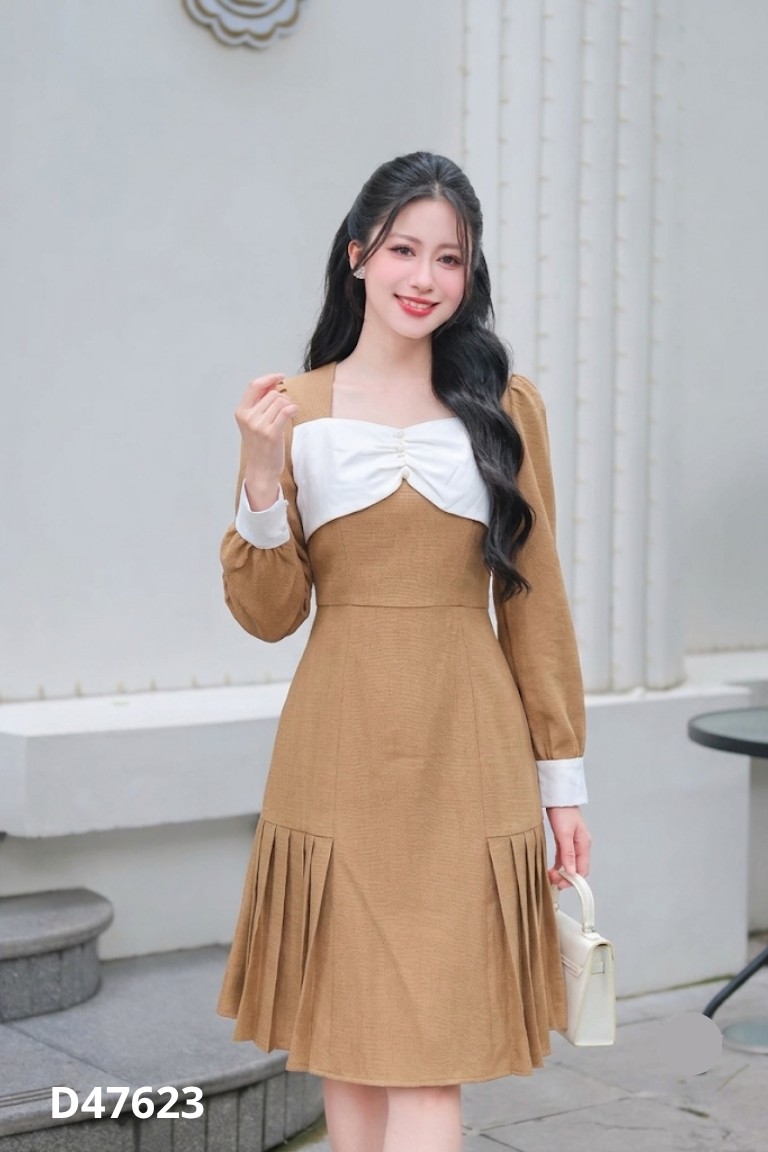 Váy nâu CHARME STORE phối trắng đính ngọc