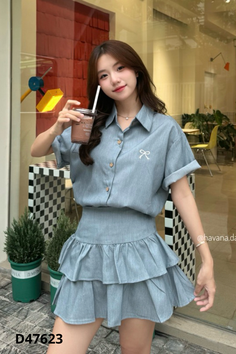 Set Áo sơ mi xanh thêu nơ + chân váy