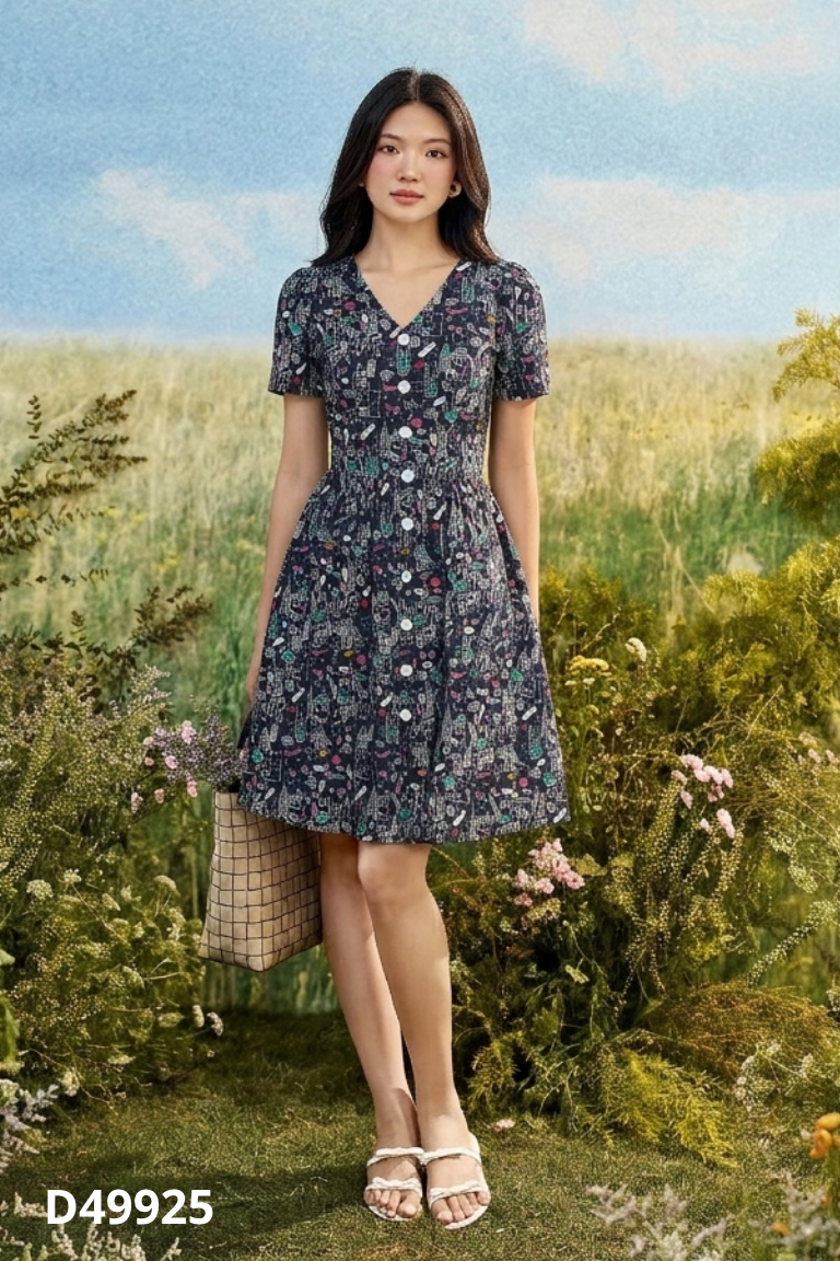 Váy xanh than ADORE DRESS họa tiết