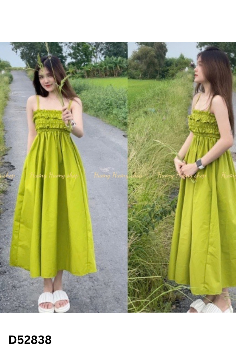 Váy hai dây xanh nhún trơn