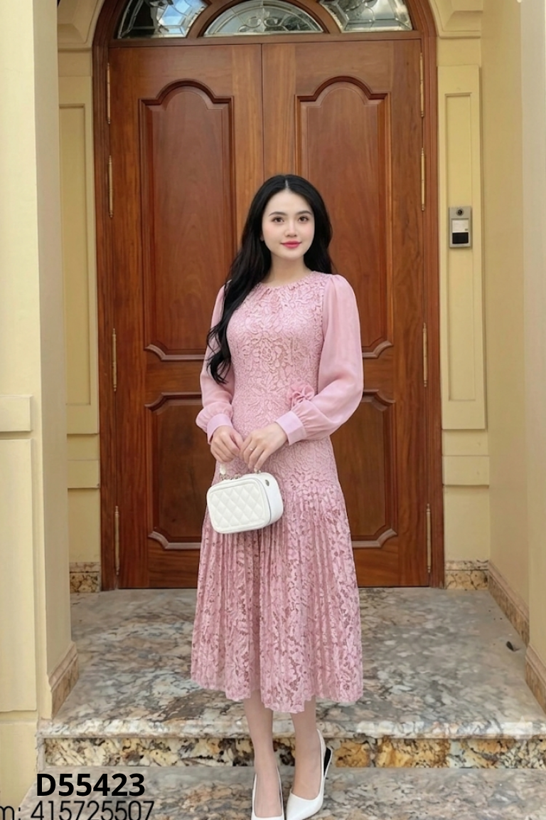 NEWTAG Váy hồng HOÀNG HƯƠNG xếp ly ren