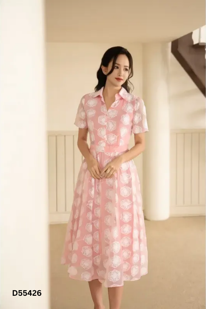 NEWTAG Váy HOANG HUONG hồng họa tiết trắng