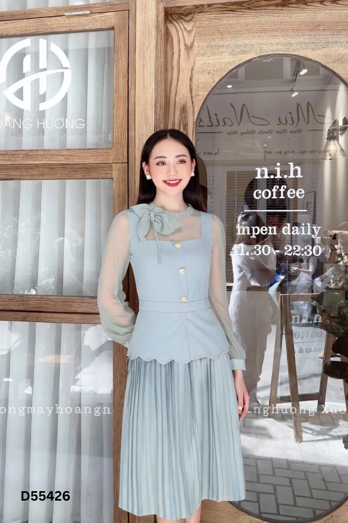 Váy HOANG HUONG xanh dập ly cúc ngọc