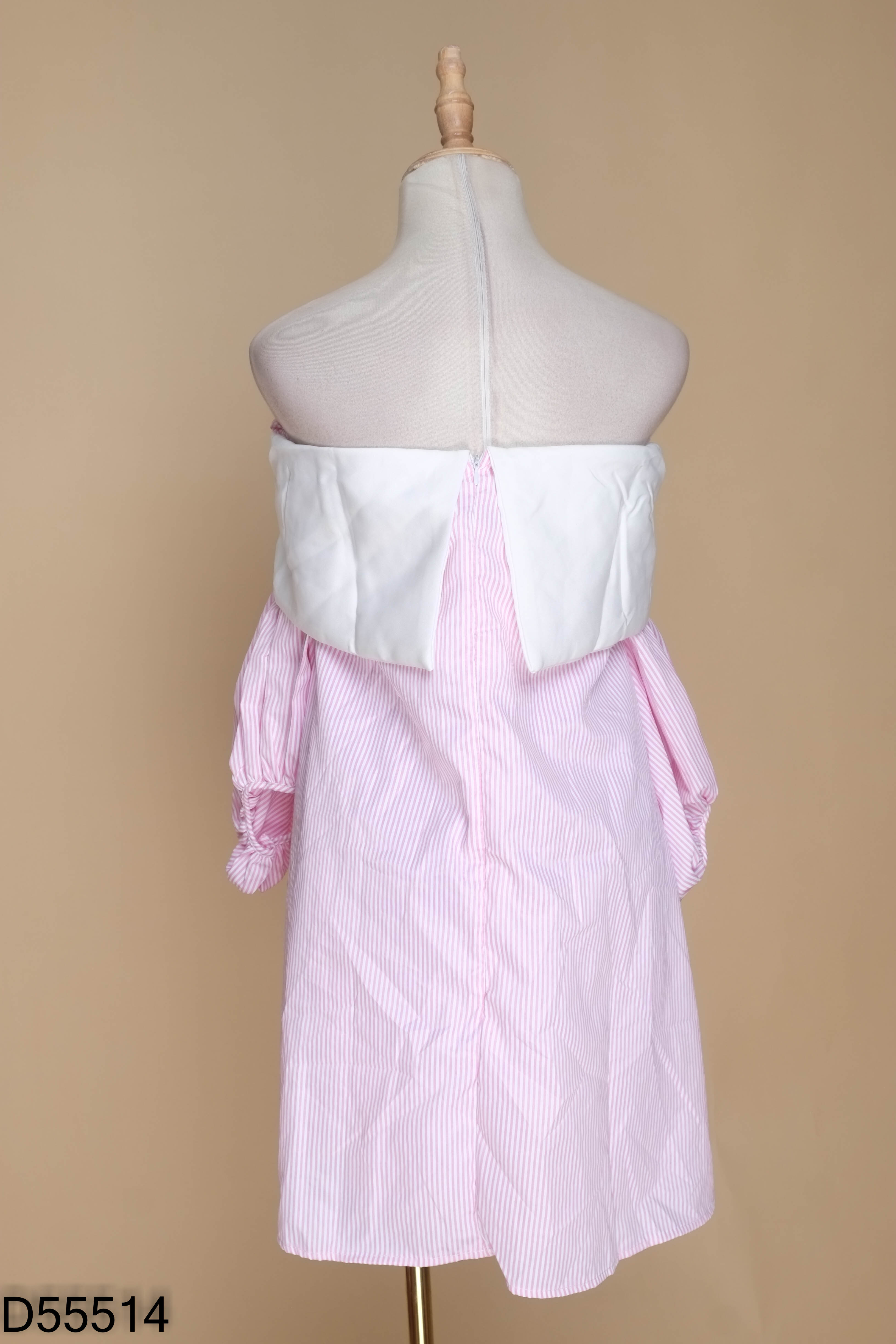 NEWTAG Váy babydoll hồng kẻ trắng phối nơ