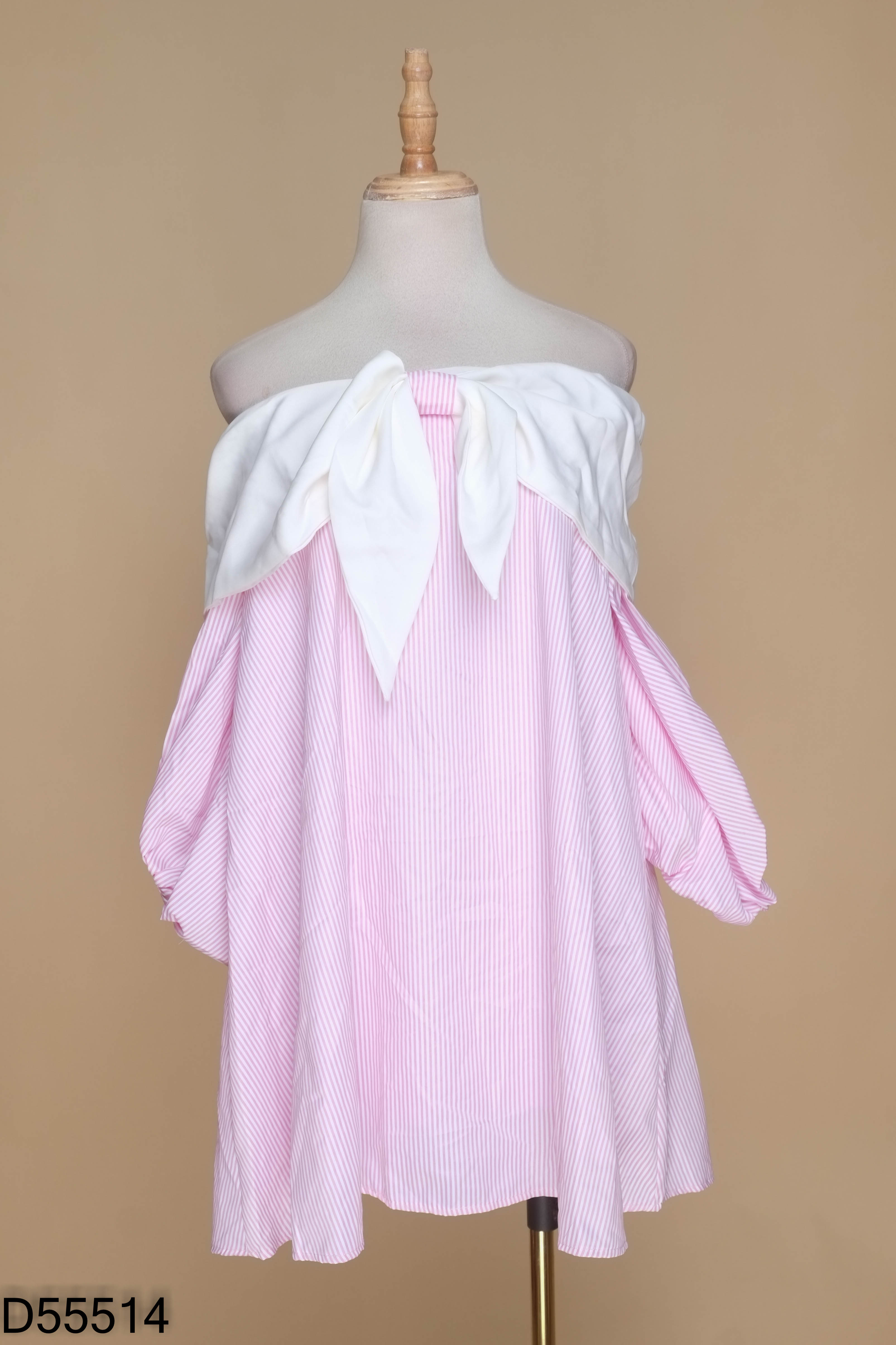 NEWTAG Váy babydoll hồng kẻ trắng phối nơ