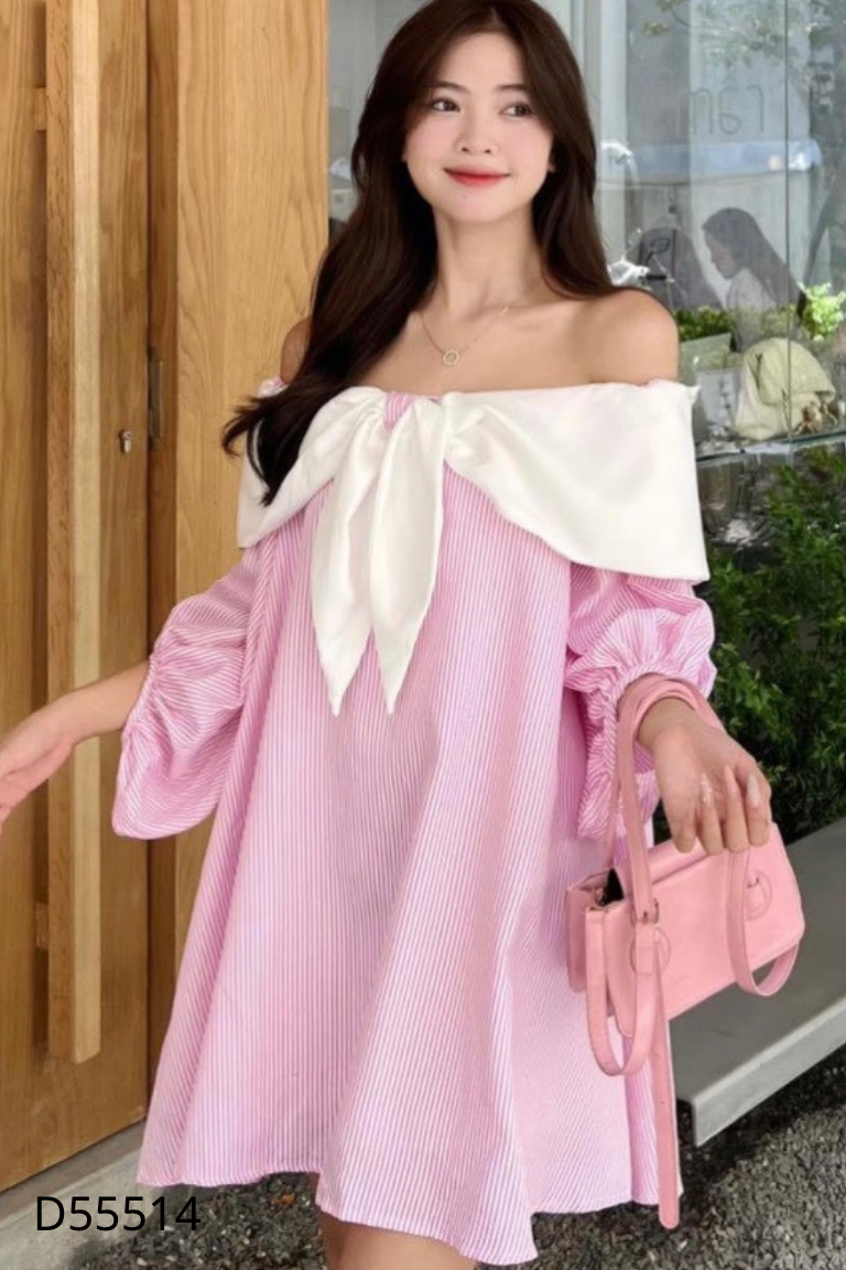 NEWTAG Váy babydoll hồng kẻ trắng phối nơ