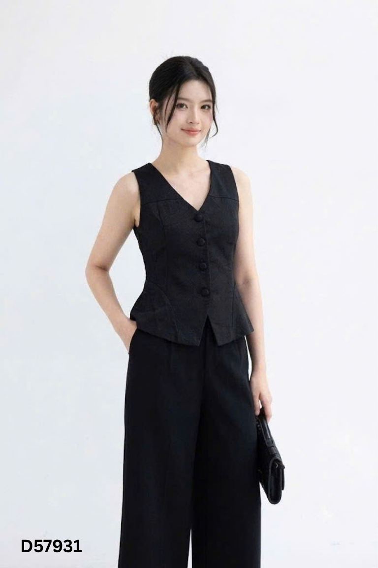 Áo gile đen cúc bọc