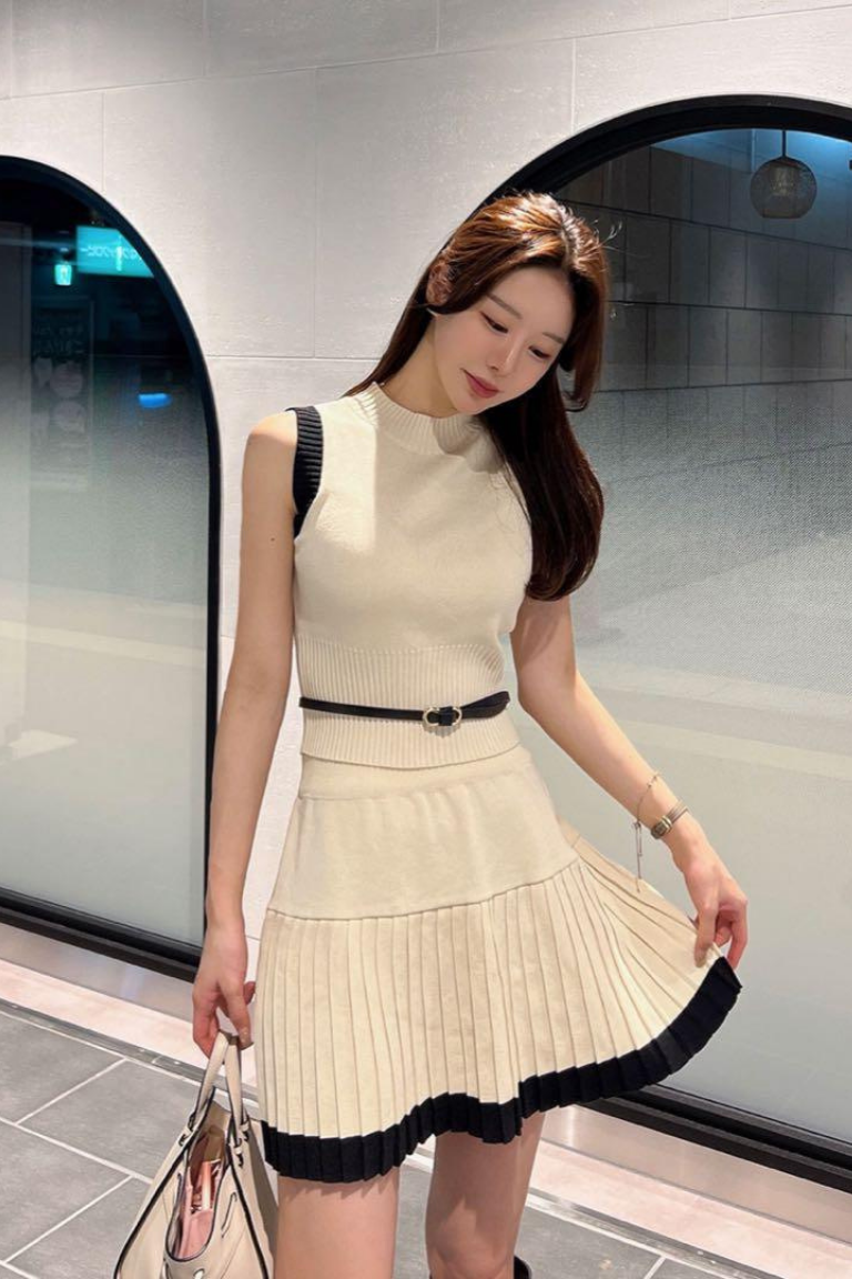 Set áo gile len be viền đen + chân váy