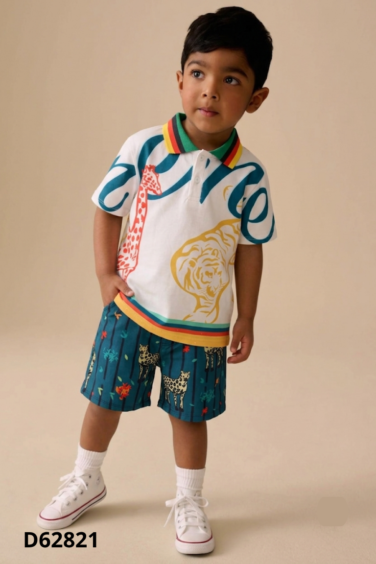 Set be họa tiết + quần shorts xanh kid
