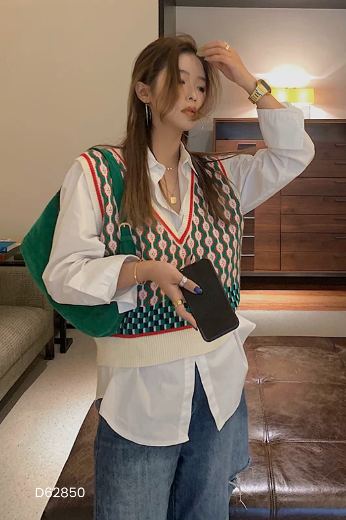 Áo gile len be họa tiết xanh đỏ