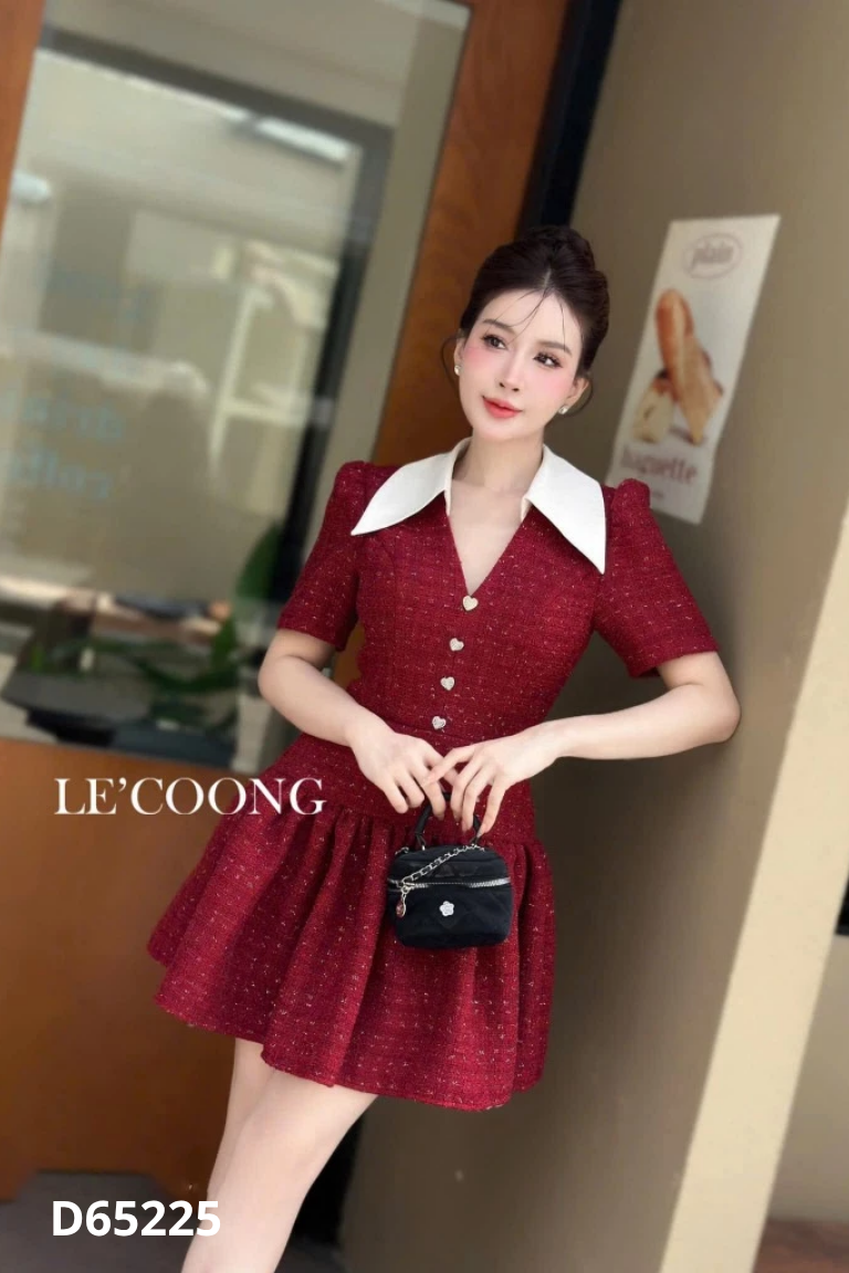 NEWTAG Váy dạ tweed đỏ phối be