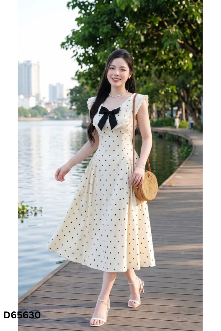 Váy be dáng dài chấm bi đính nơ đen