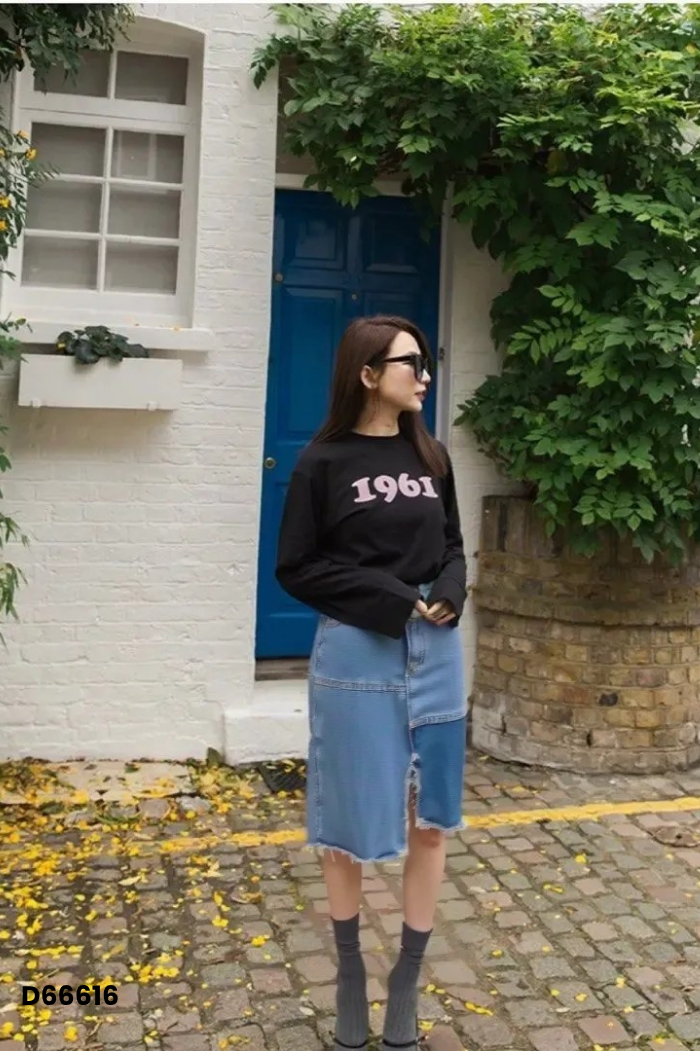 Chân váy jeans xanh xẻ tà kiểu