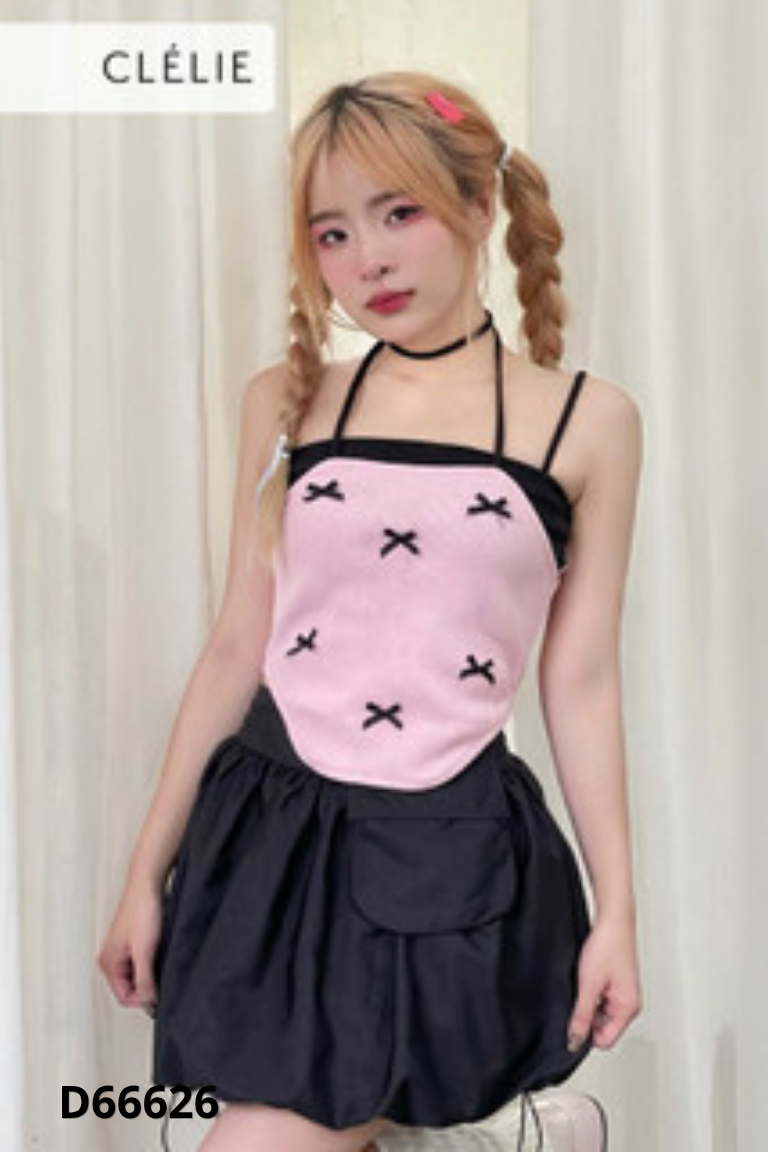 Áo croptop 2 dây hồng mix đen CLELIE