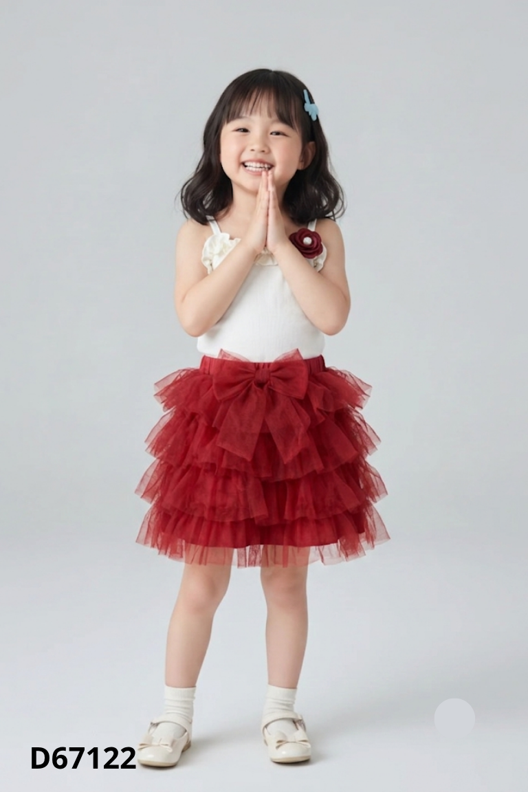 Set áo be hai dây + chân váy voan đỏ KIDS