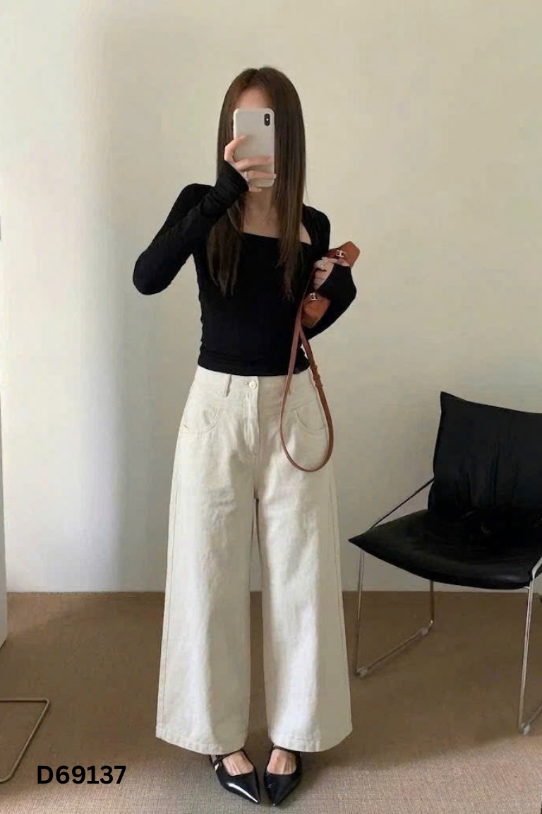 Quần jeans be trơn ống rộng
