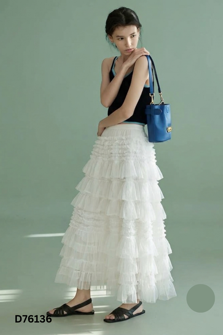 Chân váy be lưới tầng BAGEO