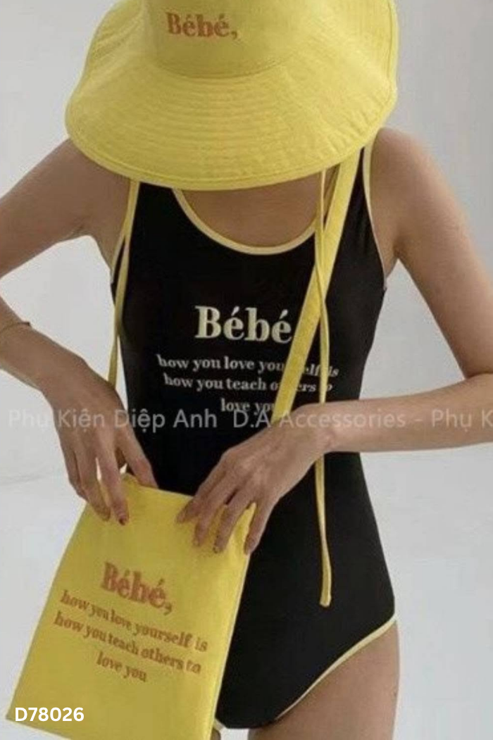 NEWTAG Bikini 1 mảnh đen thêu chữ vàng