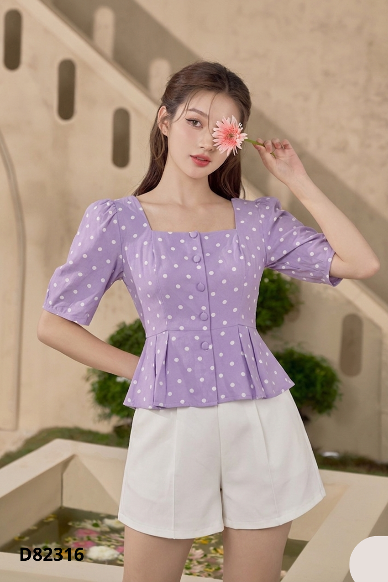 Set Áo tím chấm bi + Quần short trắng