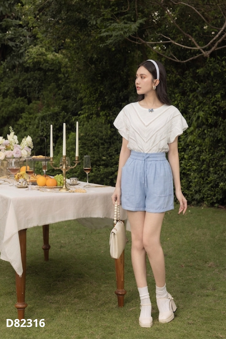 Set Áo be phối kẻ ren + Quần short xanh