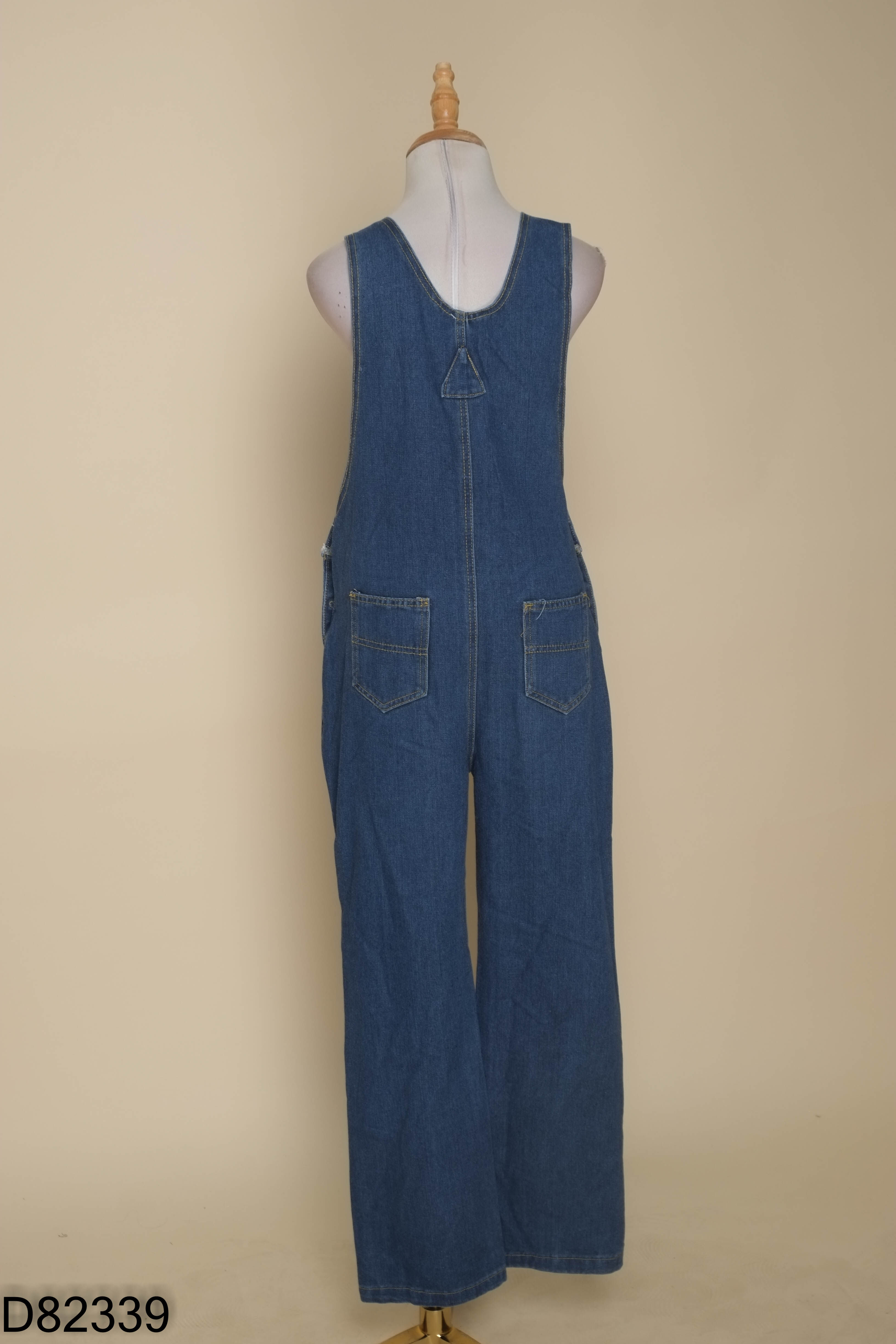 Jumpsuit jeans xanh trơn ống suông