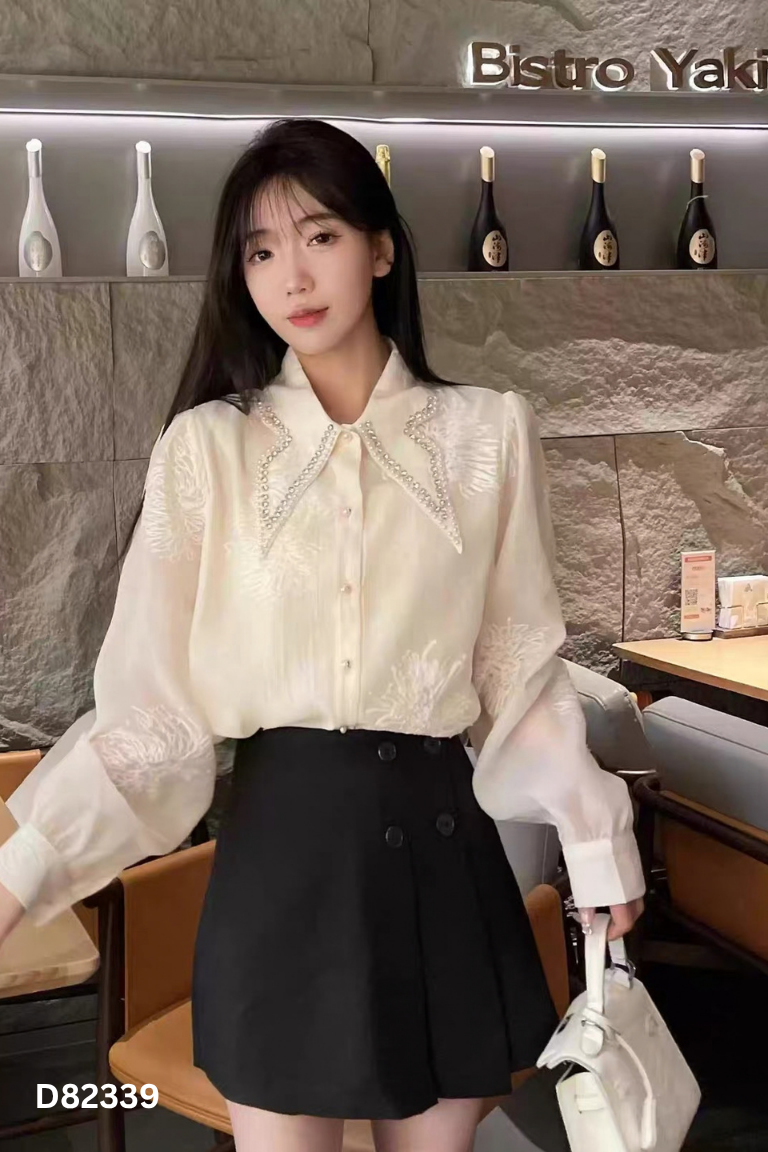 Áo sơ mi voan trắng DIÊN BÌNH họa tiết đính đá ngọc
