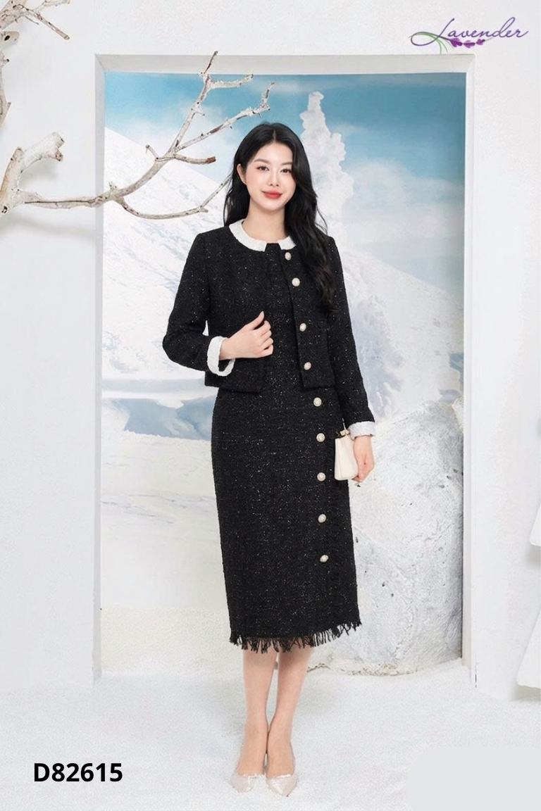 Set Váy dạ tweed đen sát nách + Áo khoác cúc ngọc