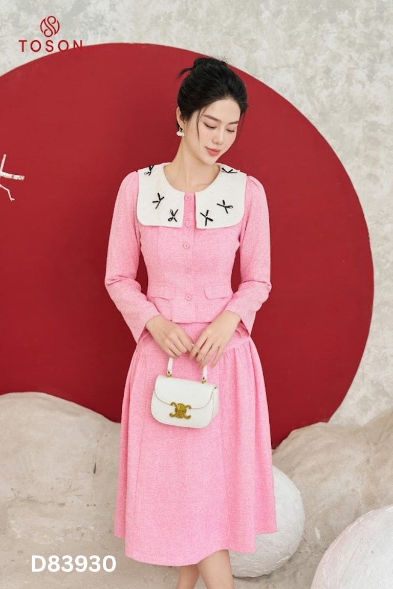 Set TOSON áo hồng cổ be + chân váy hồng