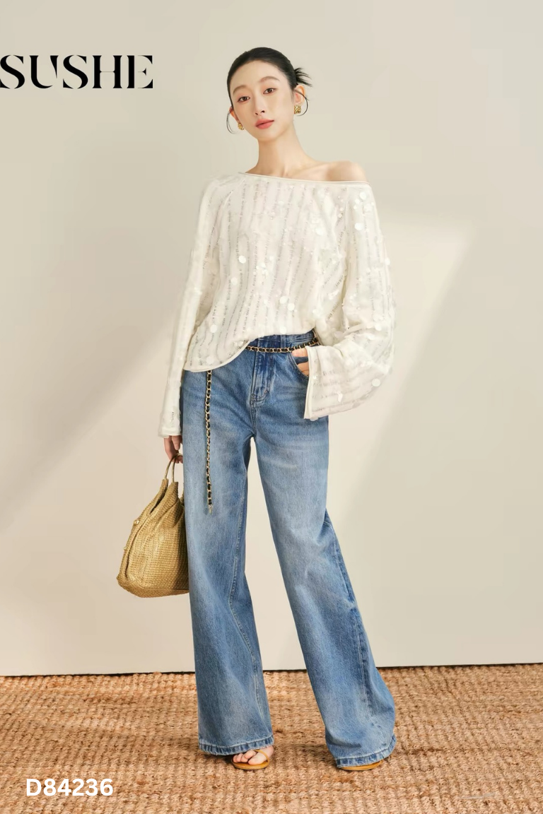 Quần jeans suông xanh trơn