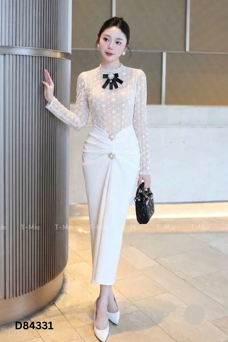 Váy trắng KHÂU DESIGN dính khuy tay lưới