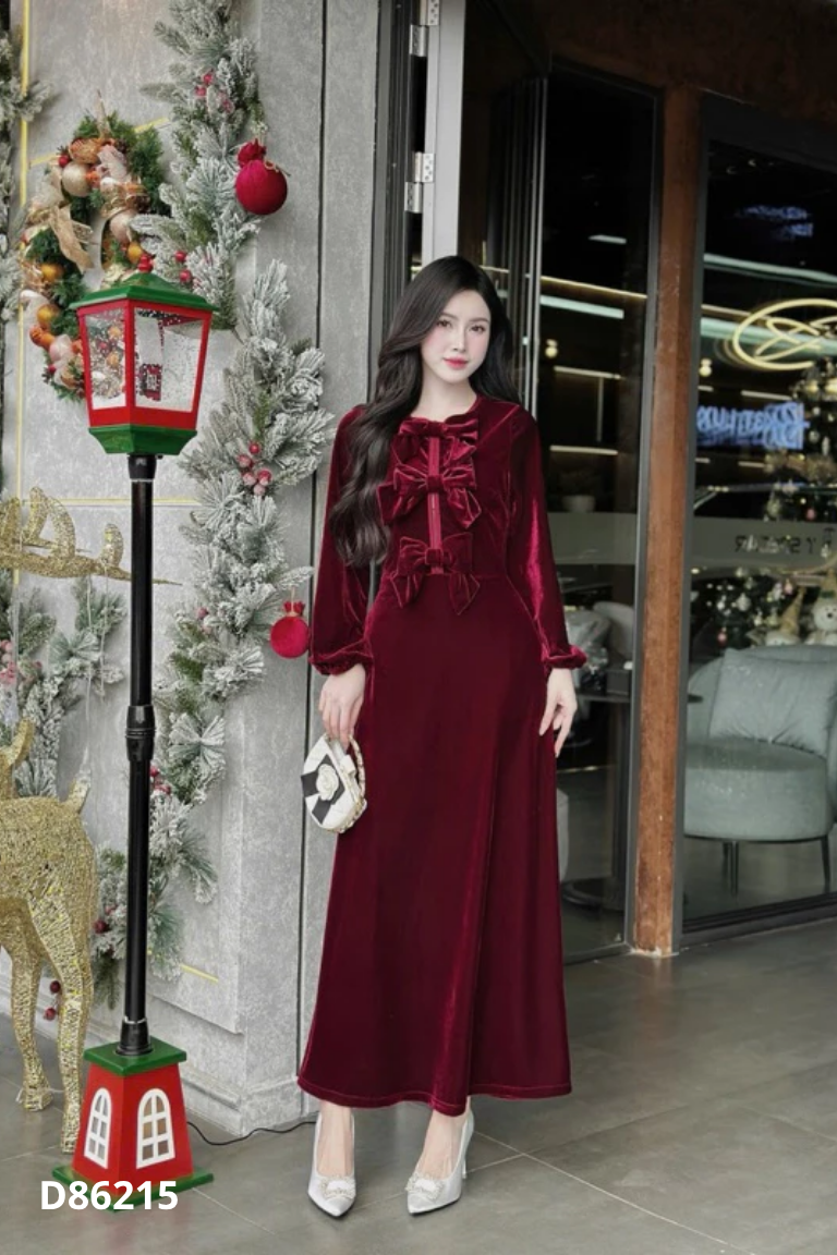 NEWTAG Váy nhung đỏ sẫm phối nơ
