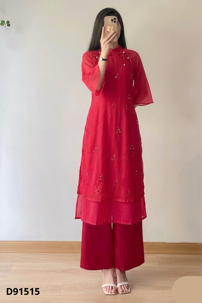 Set áo dài voan thêu hoa + quần lụa đỏ
