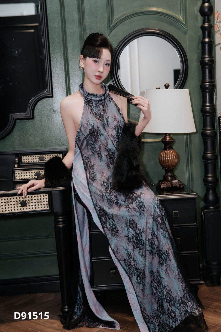 Set áo dài cổ yếm ren đen + quần hồng