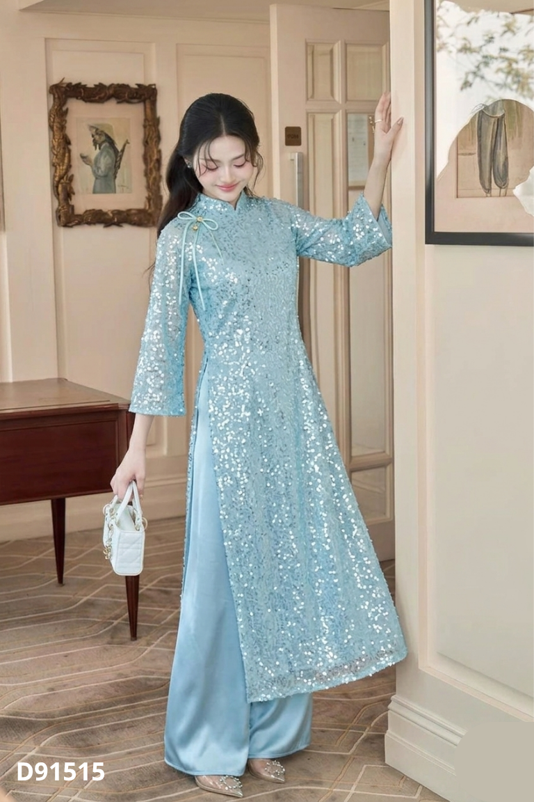 Set áo dài đính kim sa + quần lụa xanh bạc hà
