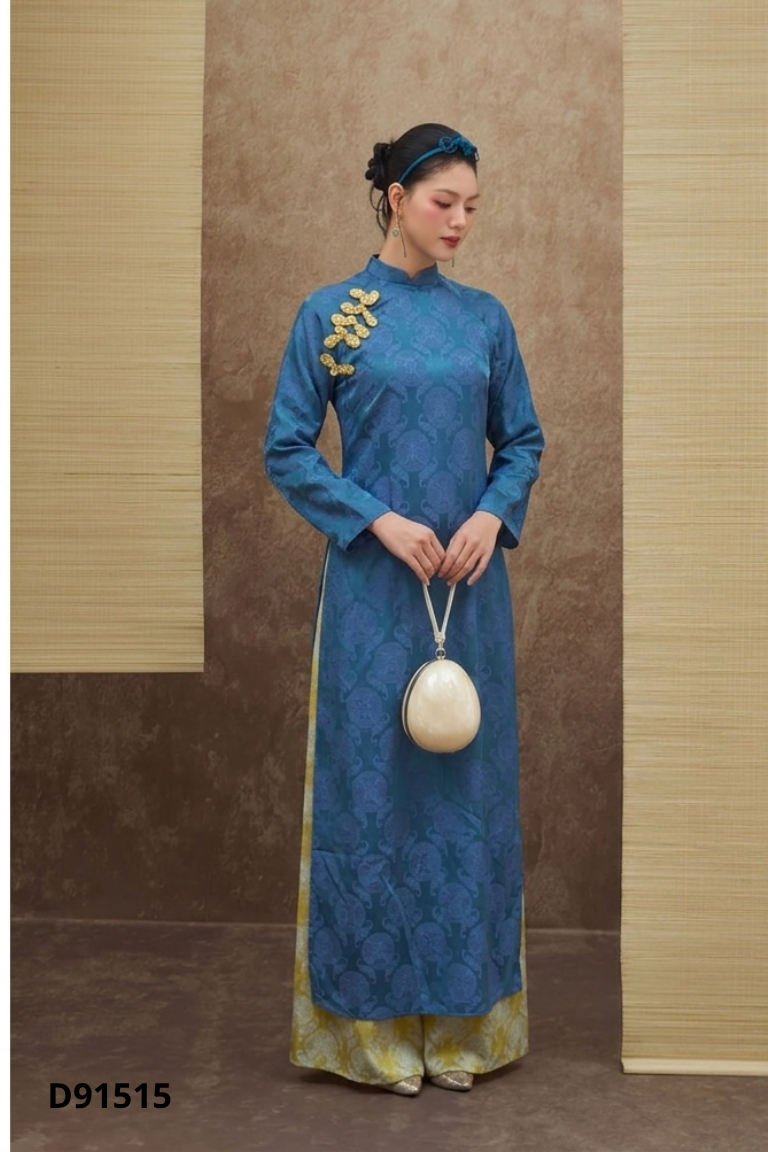 Set áo dài xanh + quần vàng xanh
