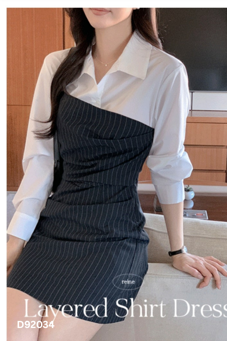 Váy xanh sọc kẻ phối sơ mi