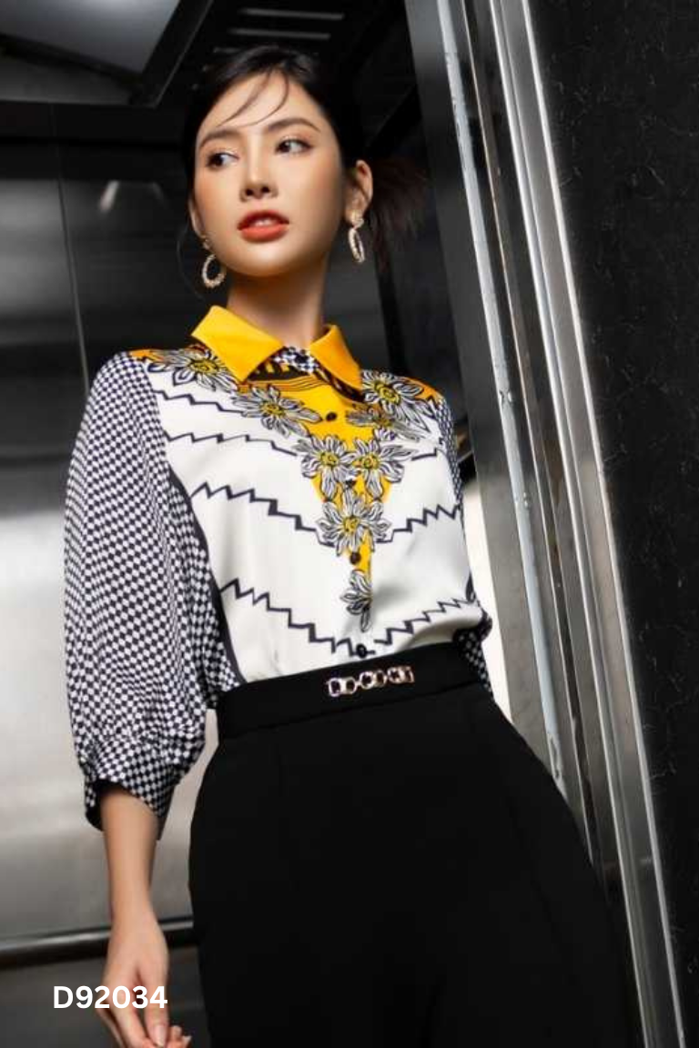 NEWTAG Áo sơ mi lụa trắng họa tiết đen
