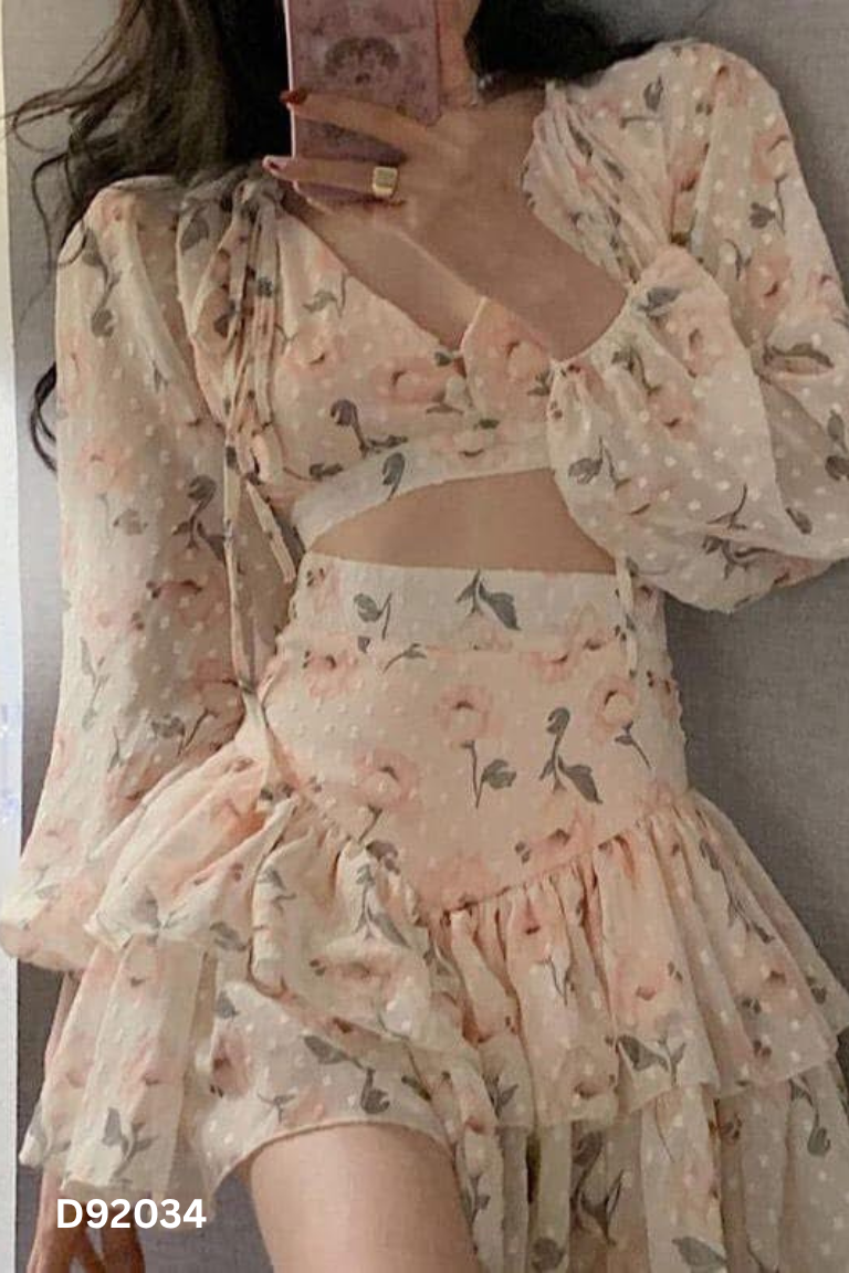 Set Áo voan hồng be phối kiểu + Chân váy