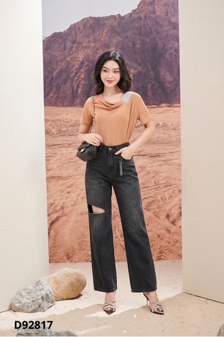 Quần jean đen xám hở gối