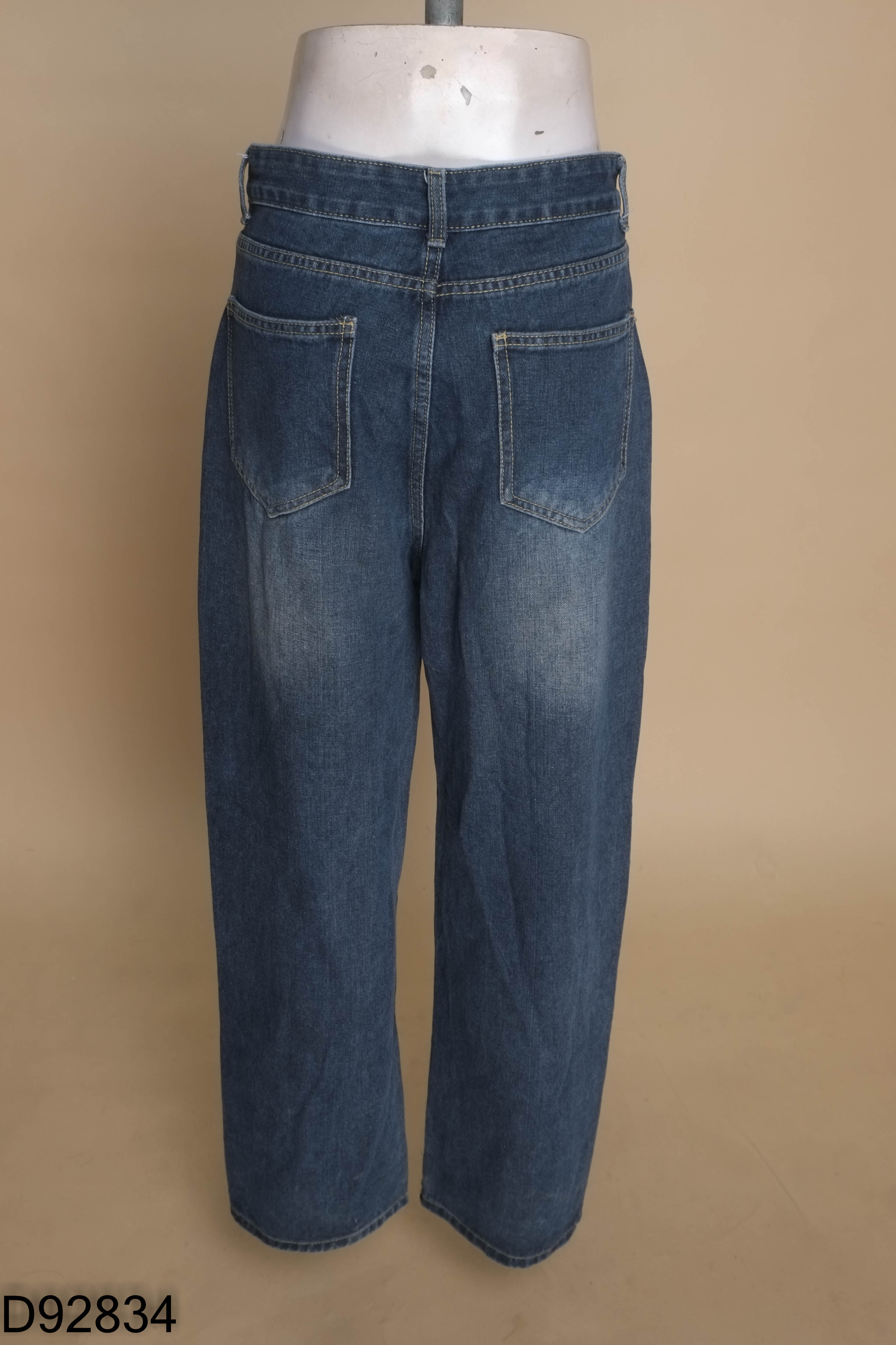 Quần jeans xanh ống rộng phối túi