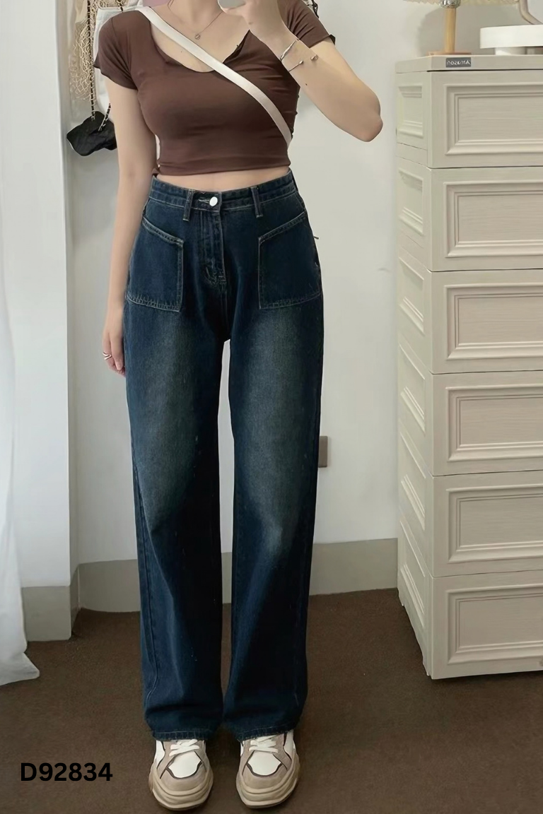 Quần jeans xanh ống rộng phối túi