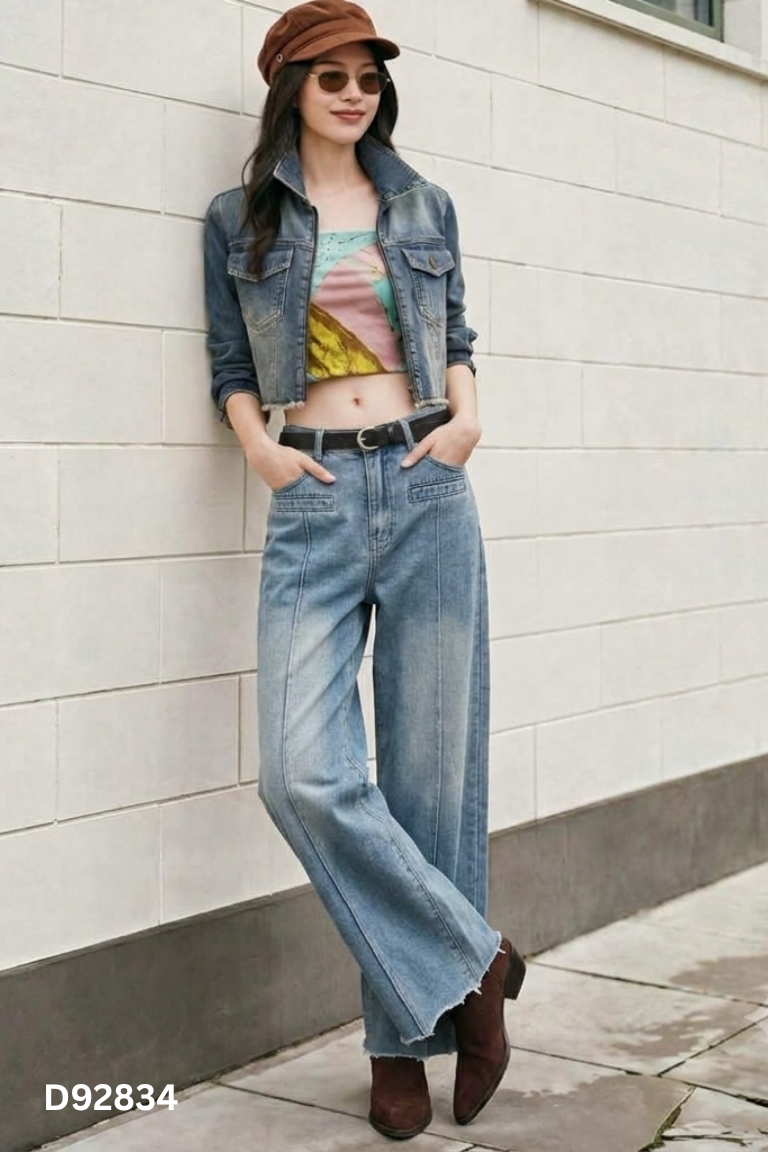 Quần jeans xanh wash ống rộng tua rua