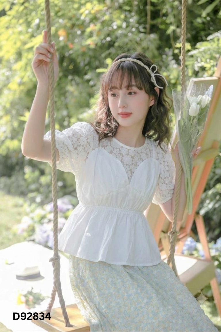 Áo trắng WOJIA nơ ren tay bồng