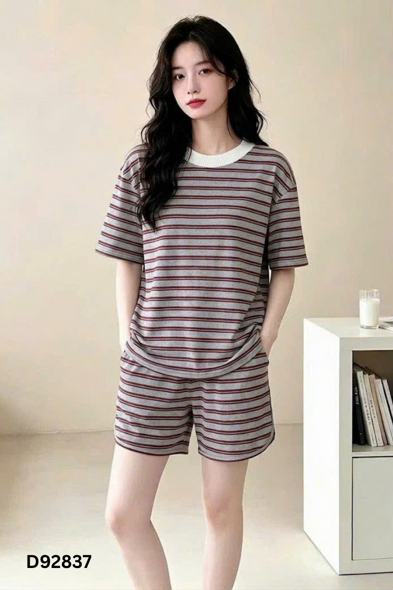 Set áo + quần short xám kẻ nâu