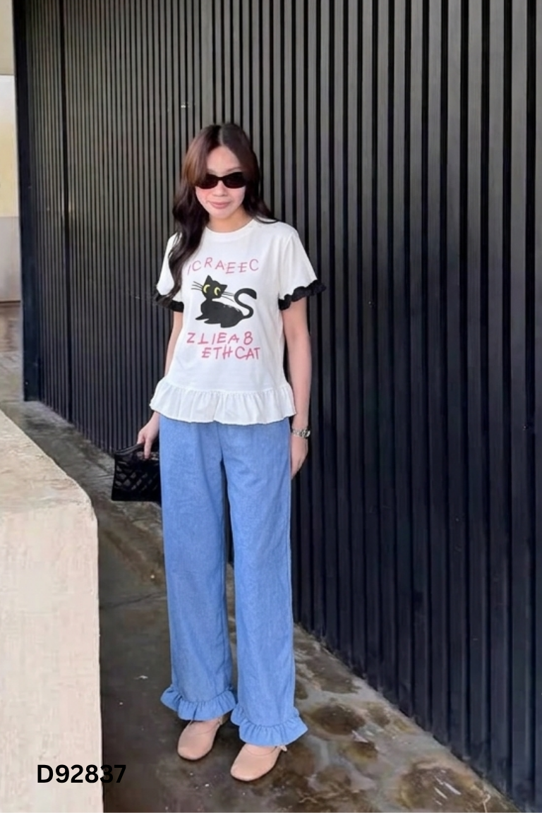 SET áo thun trắng in hình mèo+ quần xanh