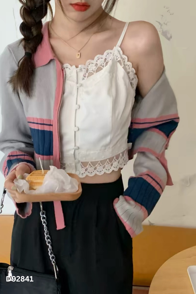 Áo len xám hồng dáng ngắn