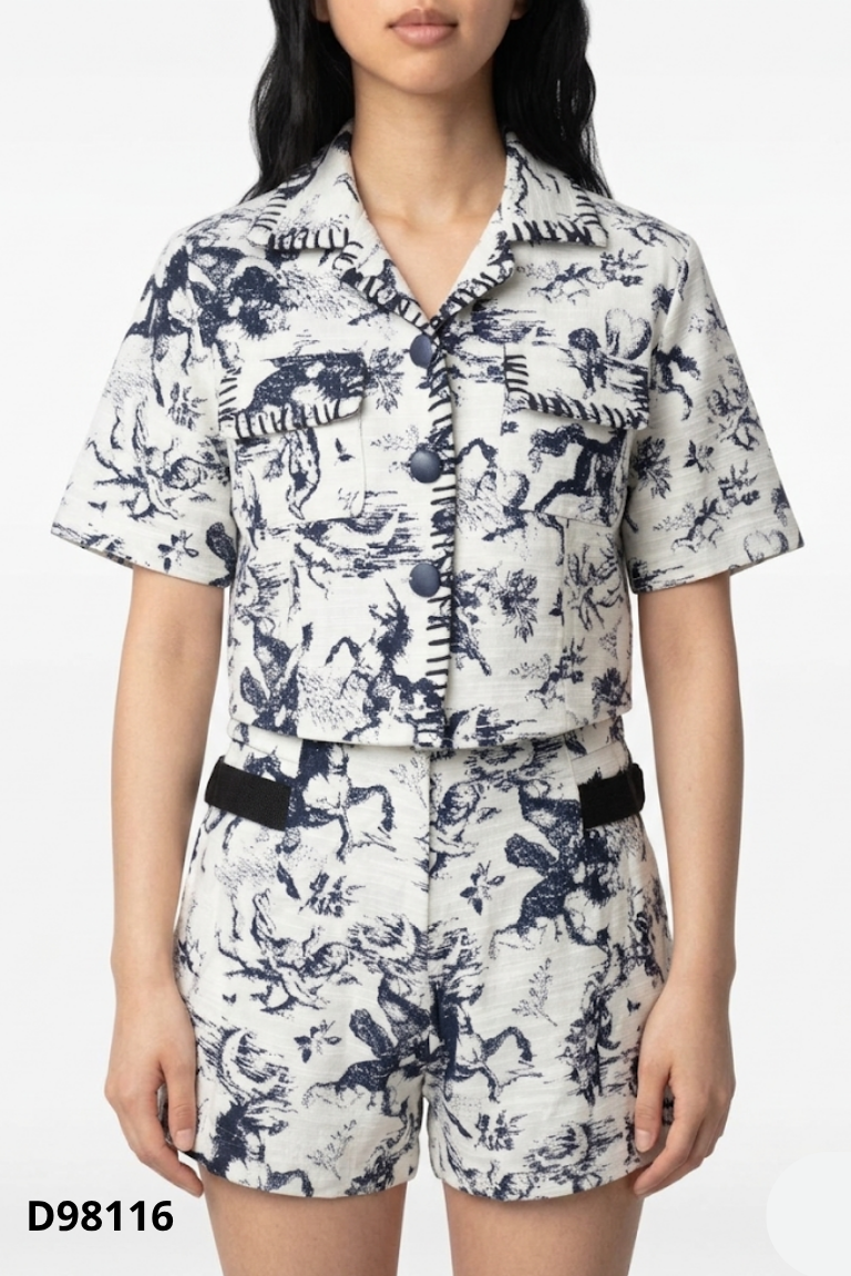 Set Áo trắng họa tiết xanh cổ vest + Quần short